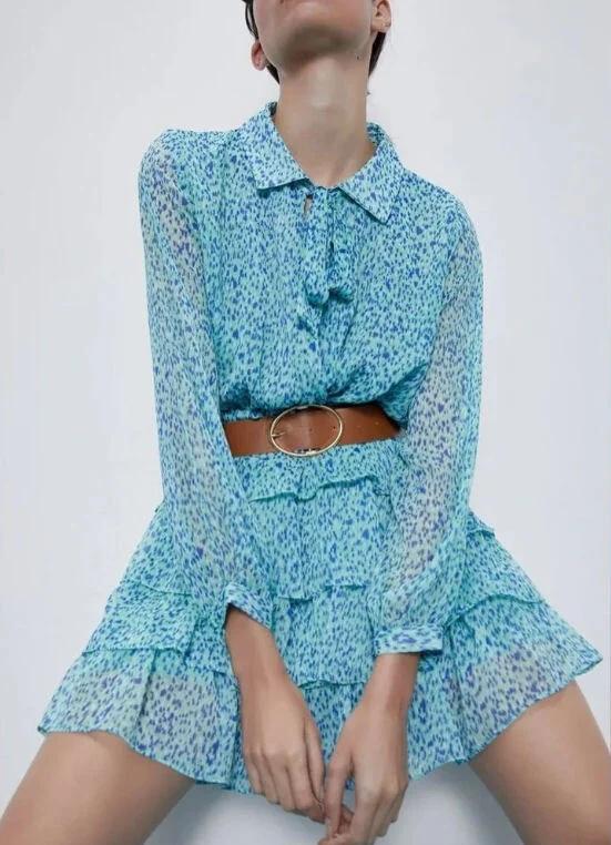 NWT Zara Tie Neck long sleeves Ruffled Tiered Mini Dress Green Blue Teal Zara seconde main