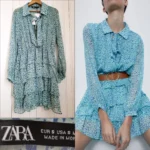 Thumbnail for NWT Zara Tie Neck long sleeves Ruffled Tiered Mini Dress Green Blue Teal