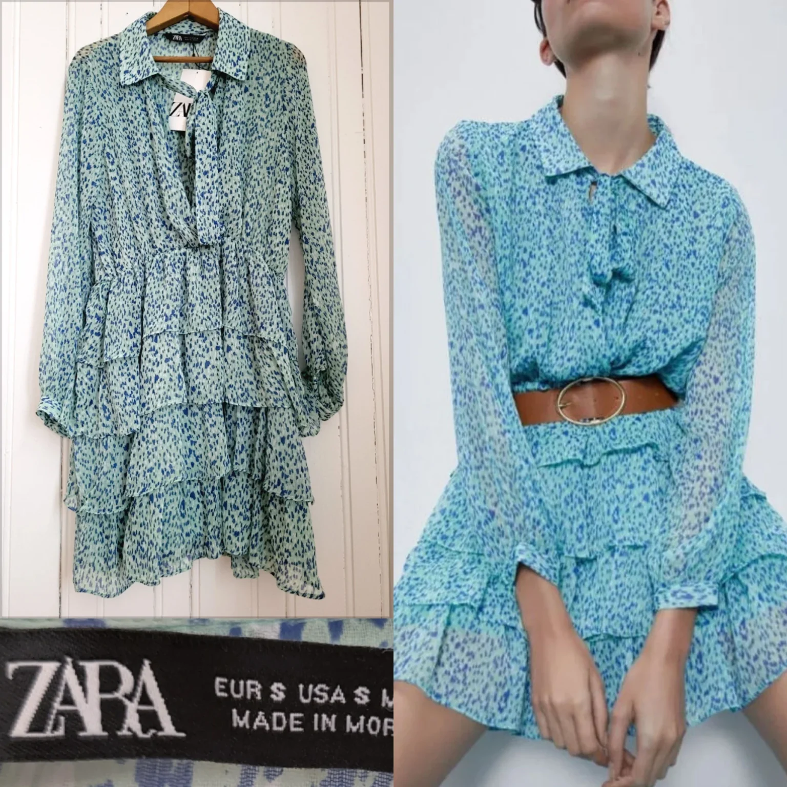 Image for NWT Zara Tie Neck long sleeves Ruffled Tiered Mini Dress Green Blue Teal