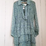 Thumbnail for NWT Zara Tie Neck long sleeves Ruffled Tiered Mini Dress Green Blue Teal