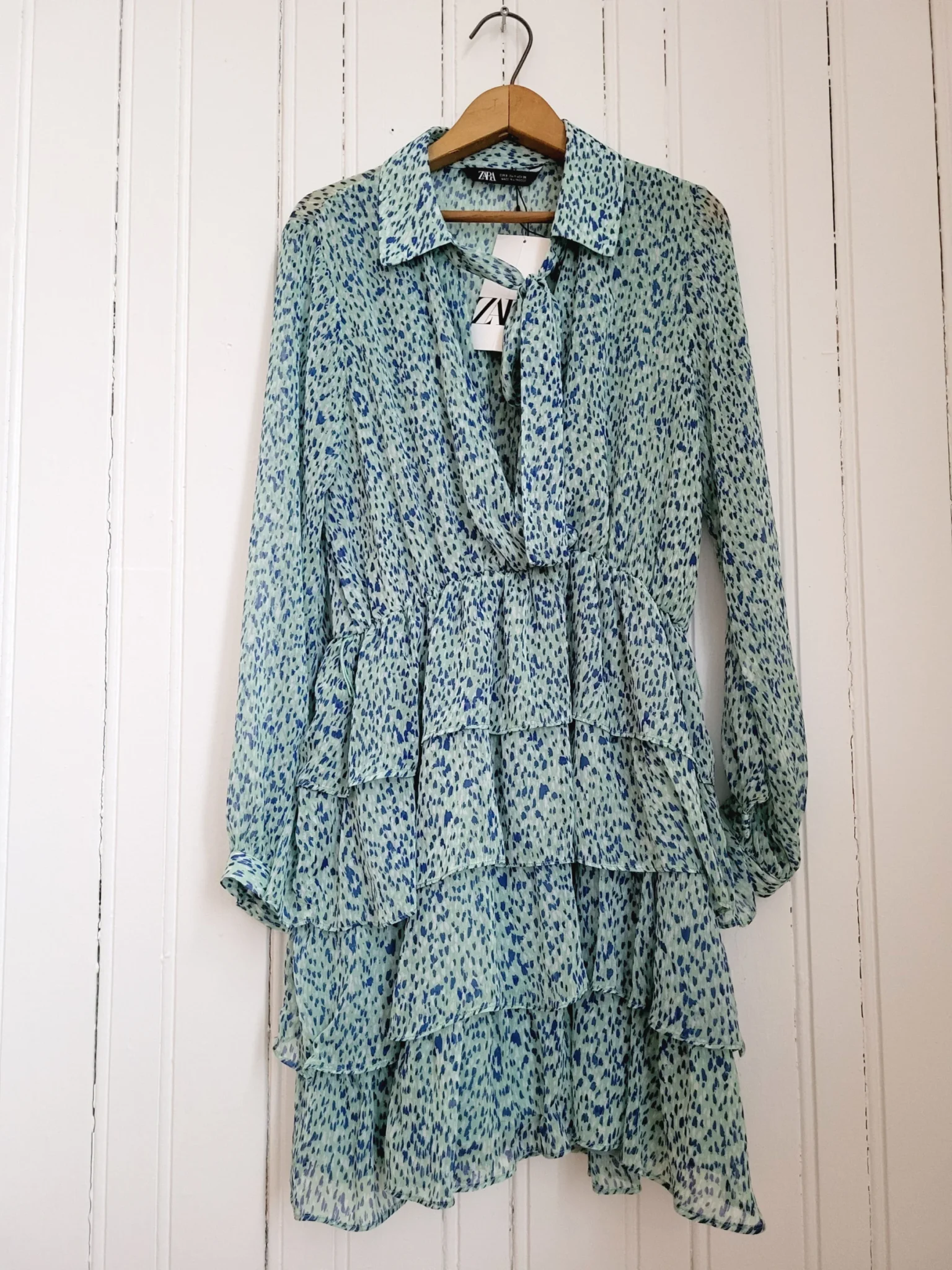 Image for NWT Zara Tie Neck long sleeves Ruffled Tiered Mini Dress Green Blue Teal
