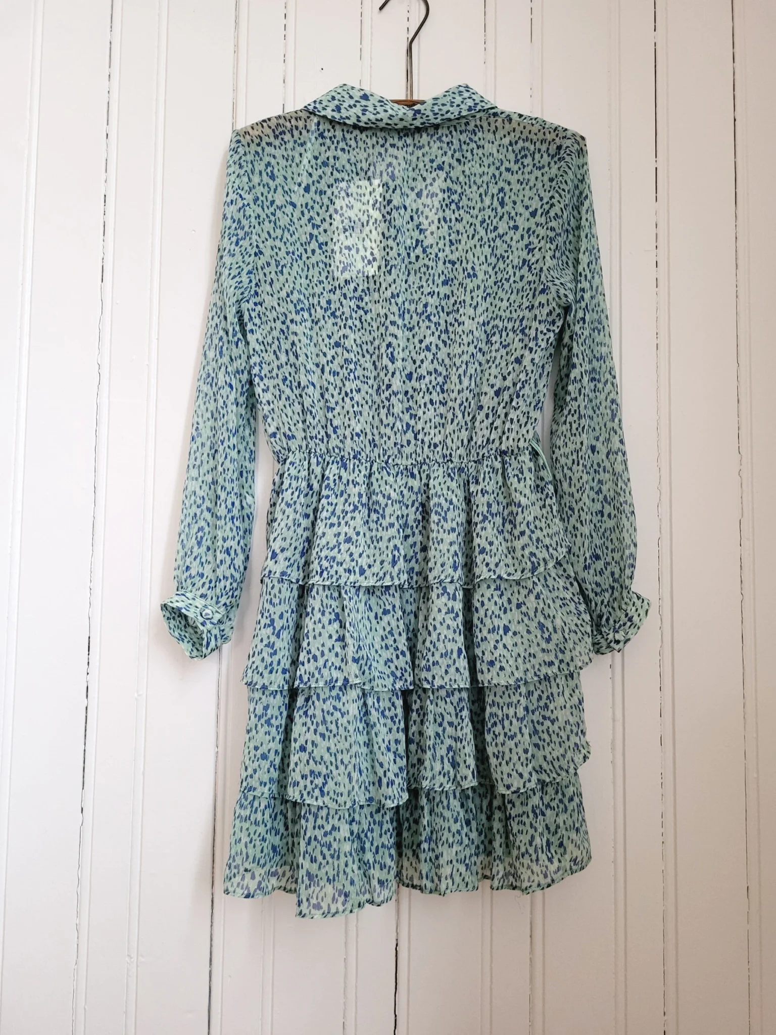 Image for NWT Zara Tie Neck long sleeves Ruffled Tiered Mini Dress Green Blue Teal