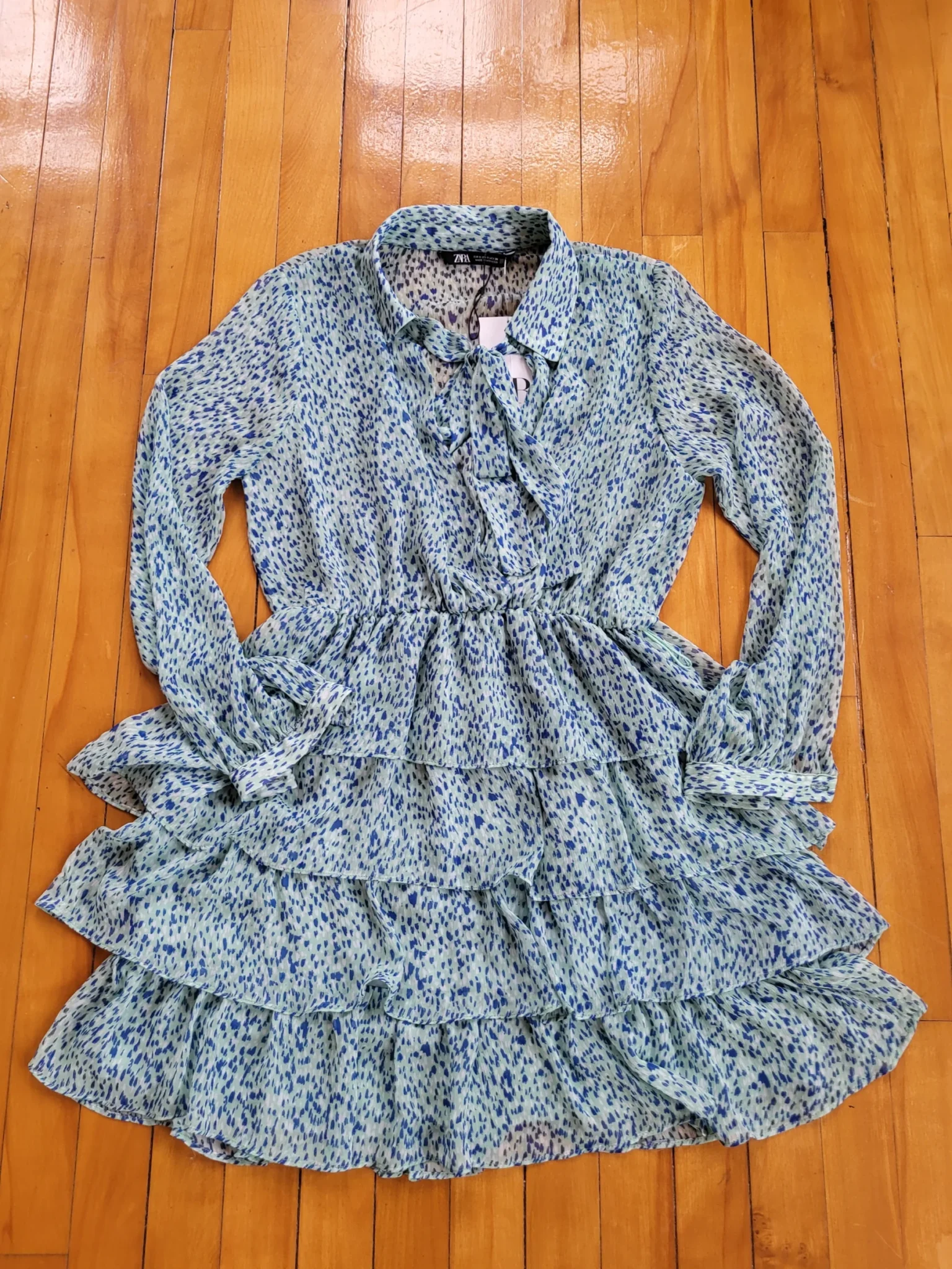 Image for NWT Zara Tie Neck long sleeves Ruffled Tiered Mini Dress Green Blue Teal