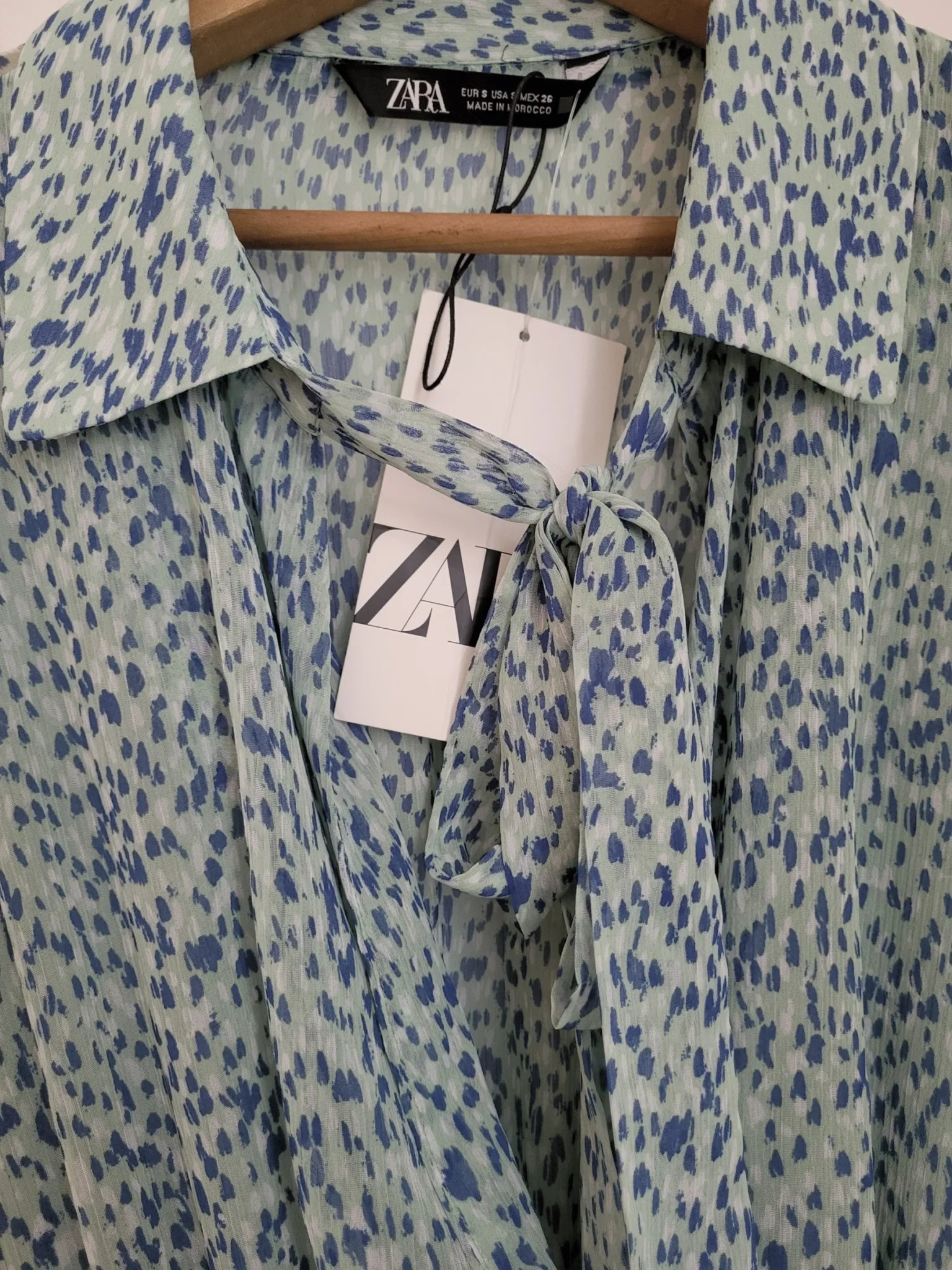 Image for NWT Zara Tie Neck long sleeves Ruffled Tiered Mini Dress Green Blue Teal