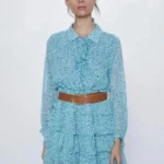 Thumbnail for NWT Zara Tie Neck long sleeves Ruffled Tiered Mini Dress Green Blue Teal