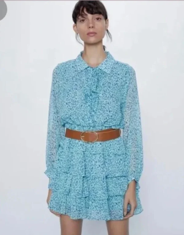 Image for NWT Zara Tie Neck long sleeves Ruffled Tiered Mini Dress Green Blue Teal