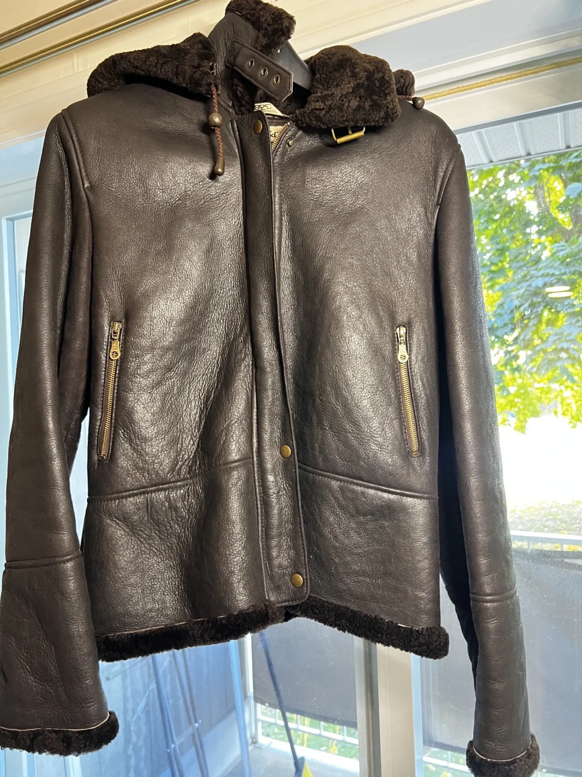 Featured image for Chocolate-coloured Reversed Sheepskin Aviator Coat – Size L (Excellent condition)