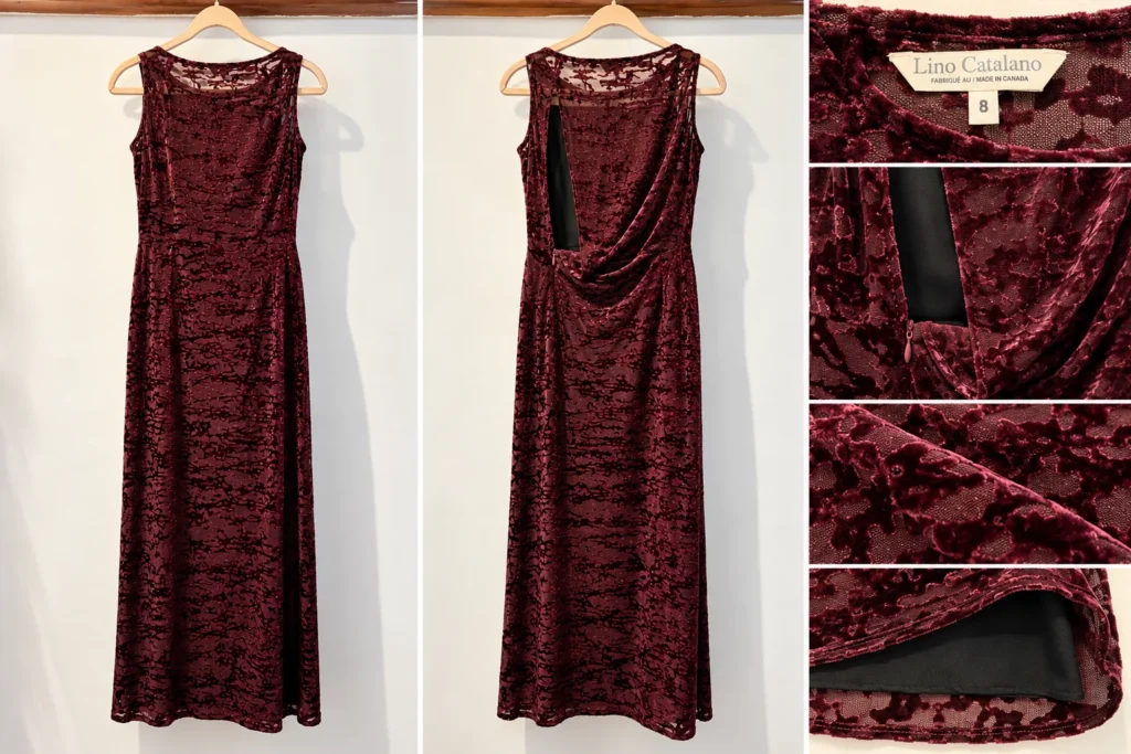 Image for Lino Catalano | Long dress by a Montreal designer in burgundy devoré velvet – Vintage, made in Canada – Size 8