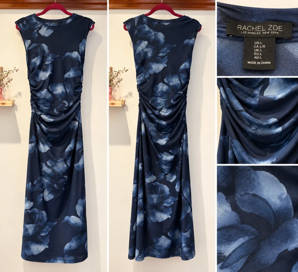 Image for Rachel Zoe | Robe longue florale bleu marine – Drapé flatteur – Taille L