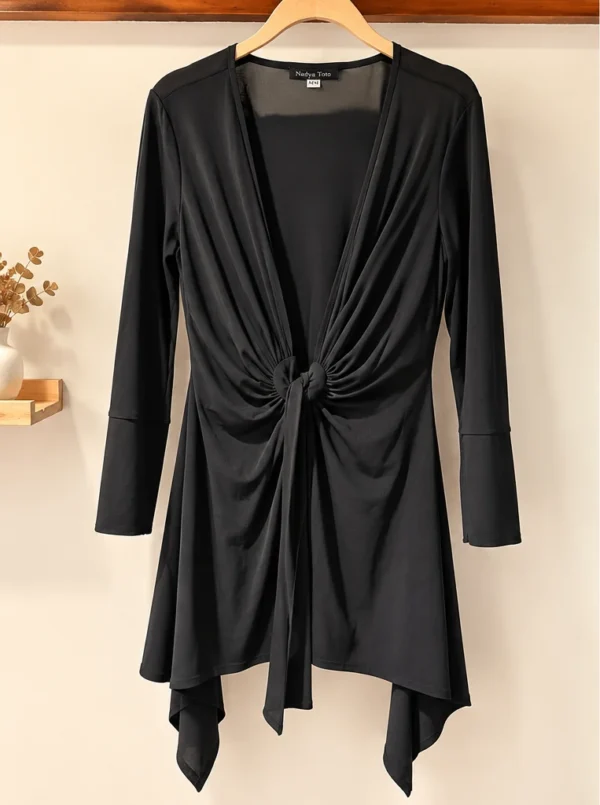 Featured image for Nadya Toto black long tunic – Draped bow and asymmetrical cut – Size M