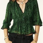 Featured thumbnail for Bash blouse, size XS, puff-sleeved, green and black