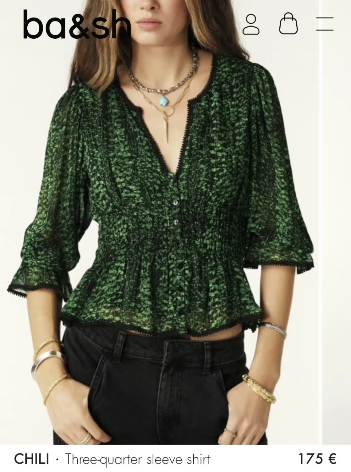 Image for Bash blouse, size XS, puff-sleeved, green and black