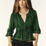 Thumbnail for Bash blouse, size XS, puff-sleeved, green and black