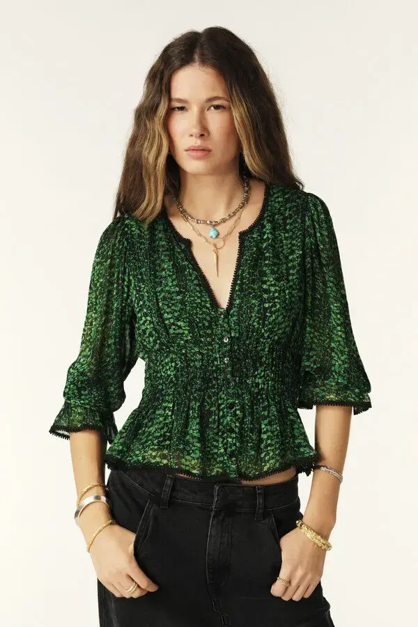 Image for Bash blouse, size XS, puff-sleeved, green and black