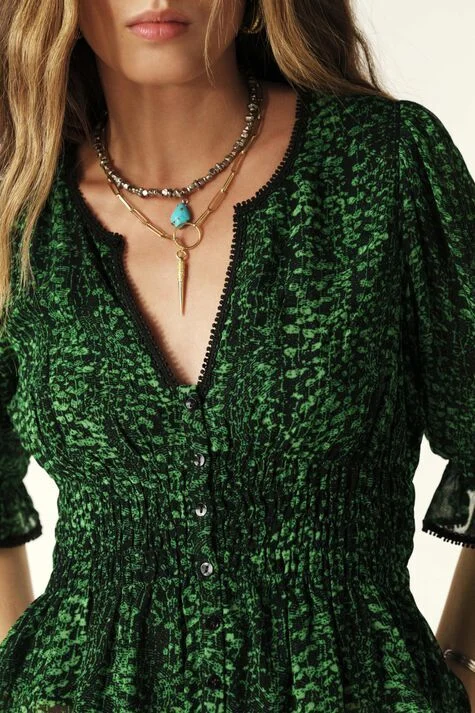 Image for Bash blouse, size XS, puff-sleeved, green and black