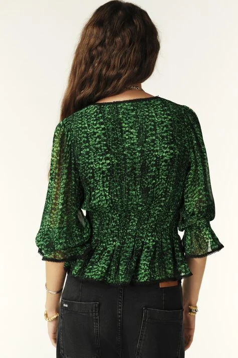 Image for Bash blouse, size XS, puff-sleeved, green and black