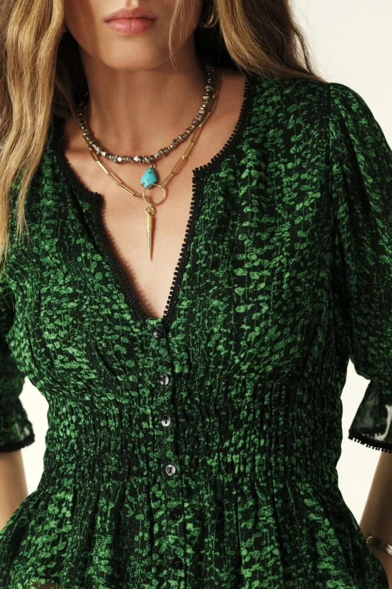 Image for Bash blouse, size XS, puff-sleeved, green and black