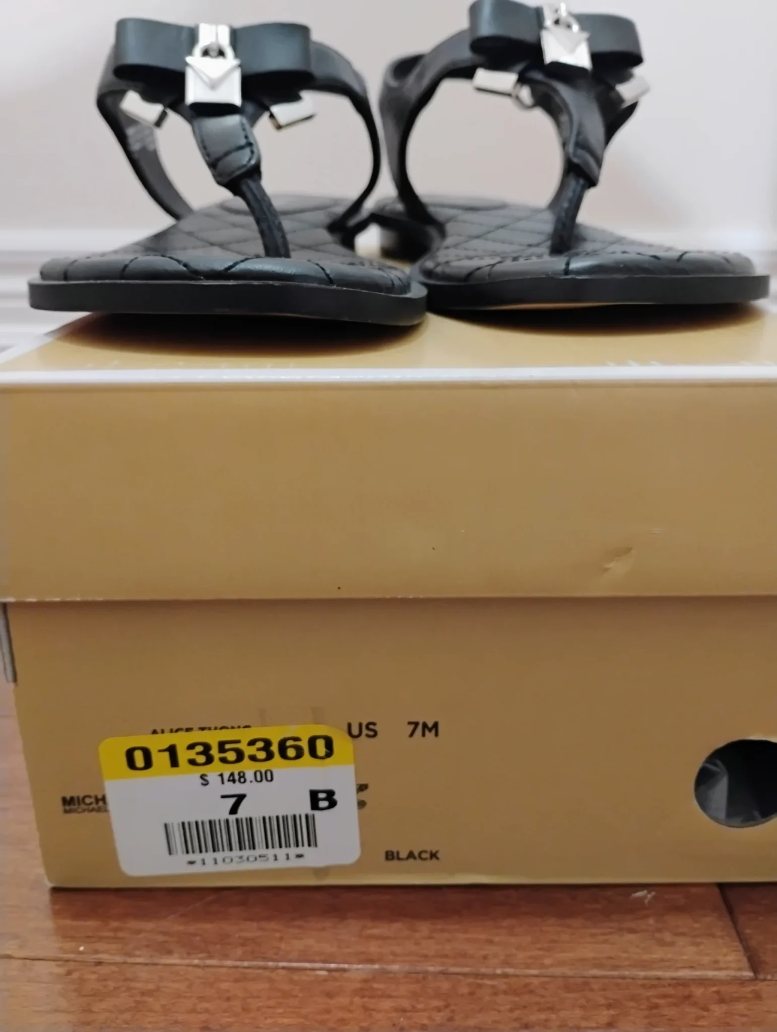 Image for Michael Kors Black Quilted T-Strap Sandals with Silver Hardware