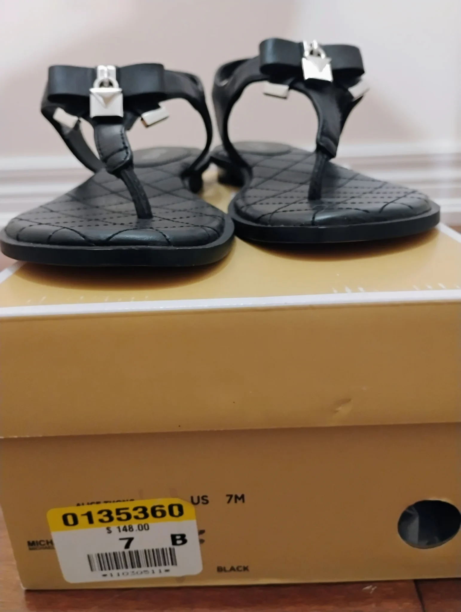 Image for Michael Kors Black Quilted T-Strap Sandals with Silver Hardware