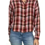 Thumbnail for Chemise Aritzia Wilfred Free à carreaux rose et brun, courte et ample, taille S