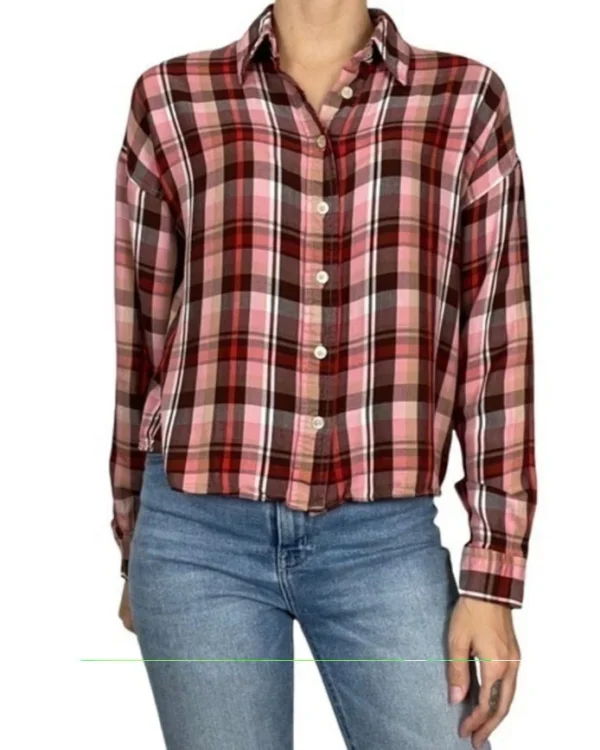 Image for Chemise Aritzia Wilfred Free à carreaux rose et brun, courte et ample, taille S
