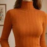 Featured thumbnail for Pull col roulé vintage, orange brûlé, tricot en maille côtelée mélange de coton