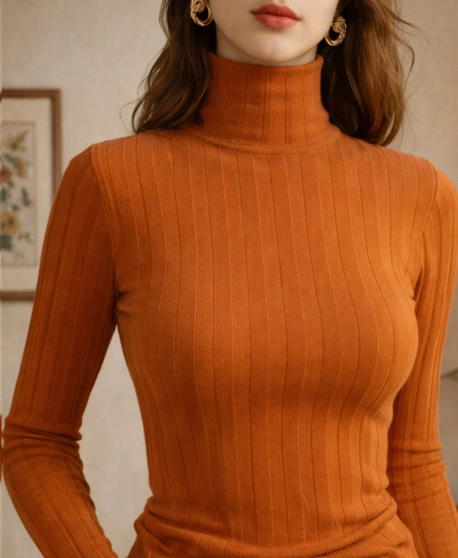 Pull col roulé vintage, orange brûlé, tricot en maille côtelée mélange de coton *Autre seconde main