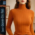 Thumbnail for Pull col roulé vintage, orange brûlé, tricot en maille côtelée mélange de coton