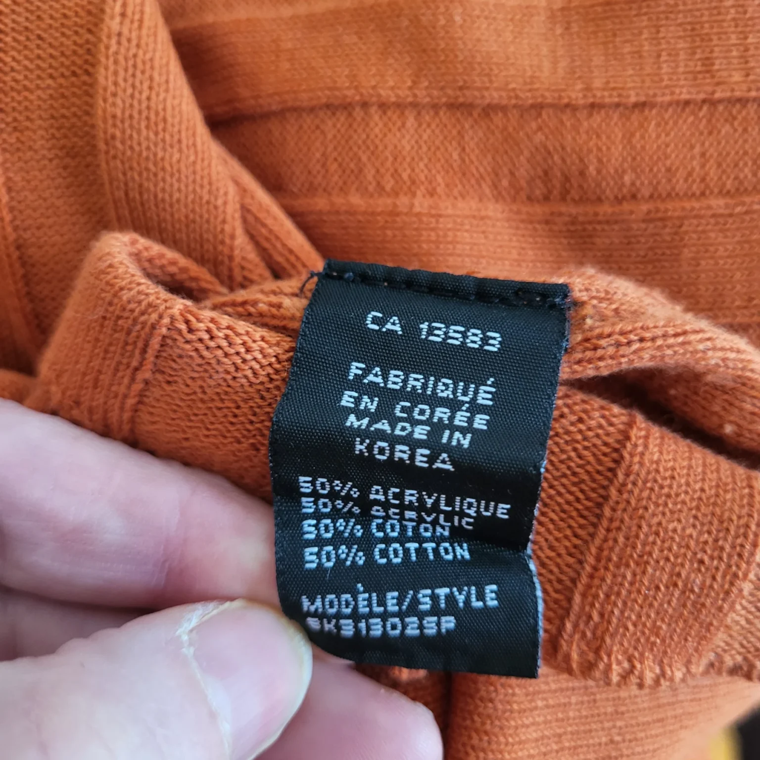 Image for Pull col roulé vintage, orange brûlé, tricot en maille côtelée mélange de coton