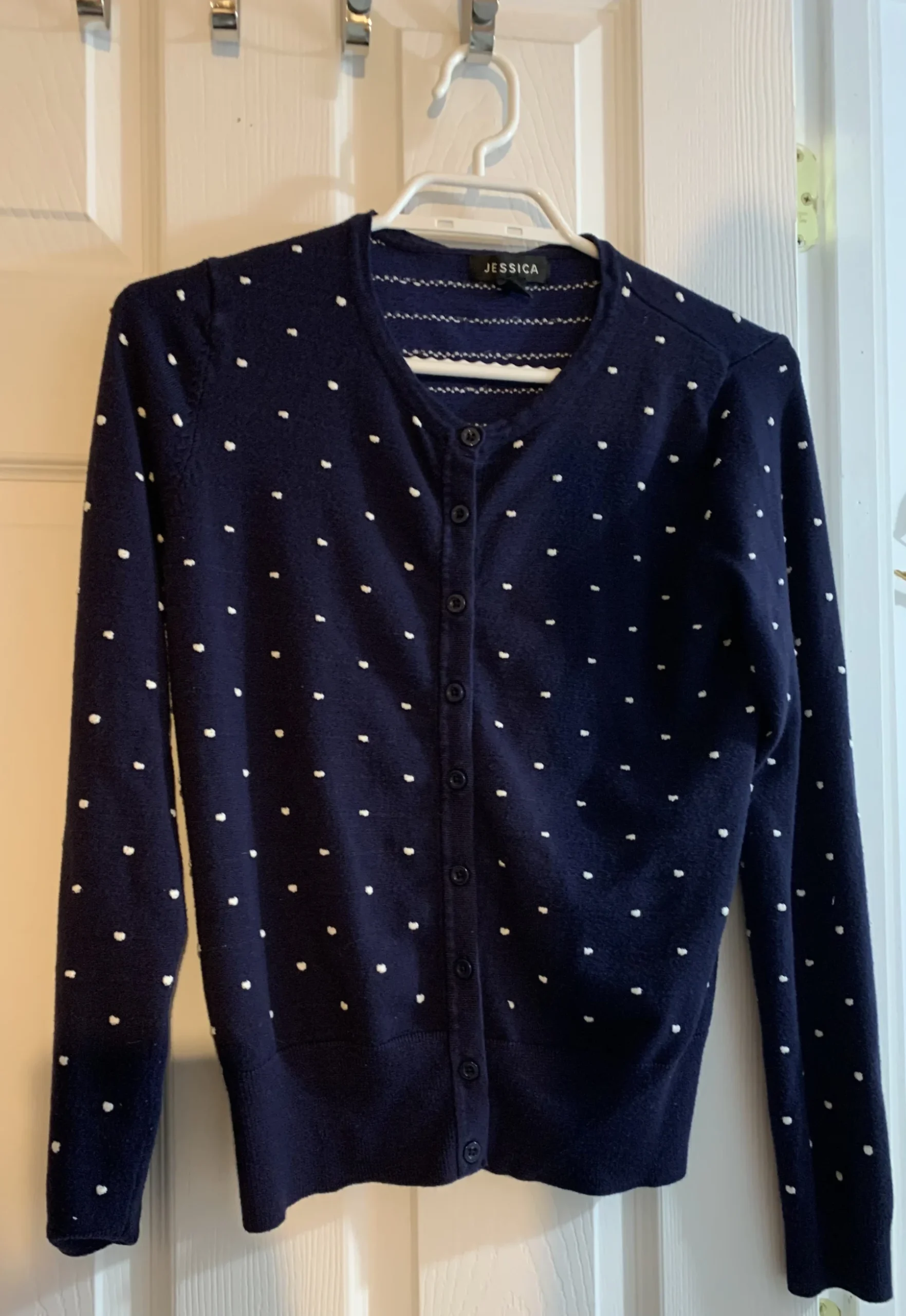Cardigan bleu marin à pois Jessica - Taille S (6-8) *Autre seconde main