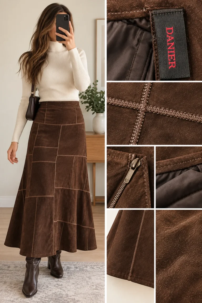 Image for DANIER | Sublime jupe longue en suède véritable – Patchwork chocolat – Taille 16