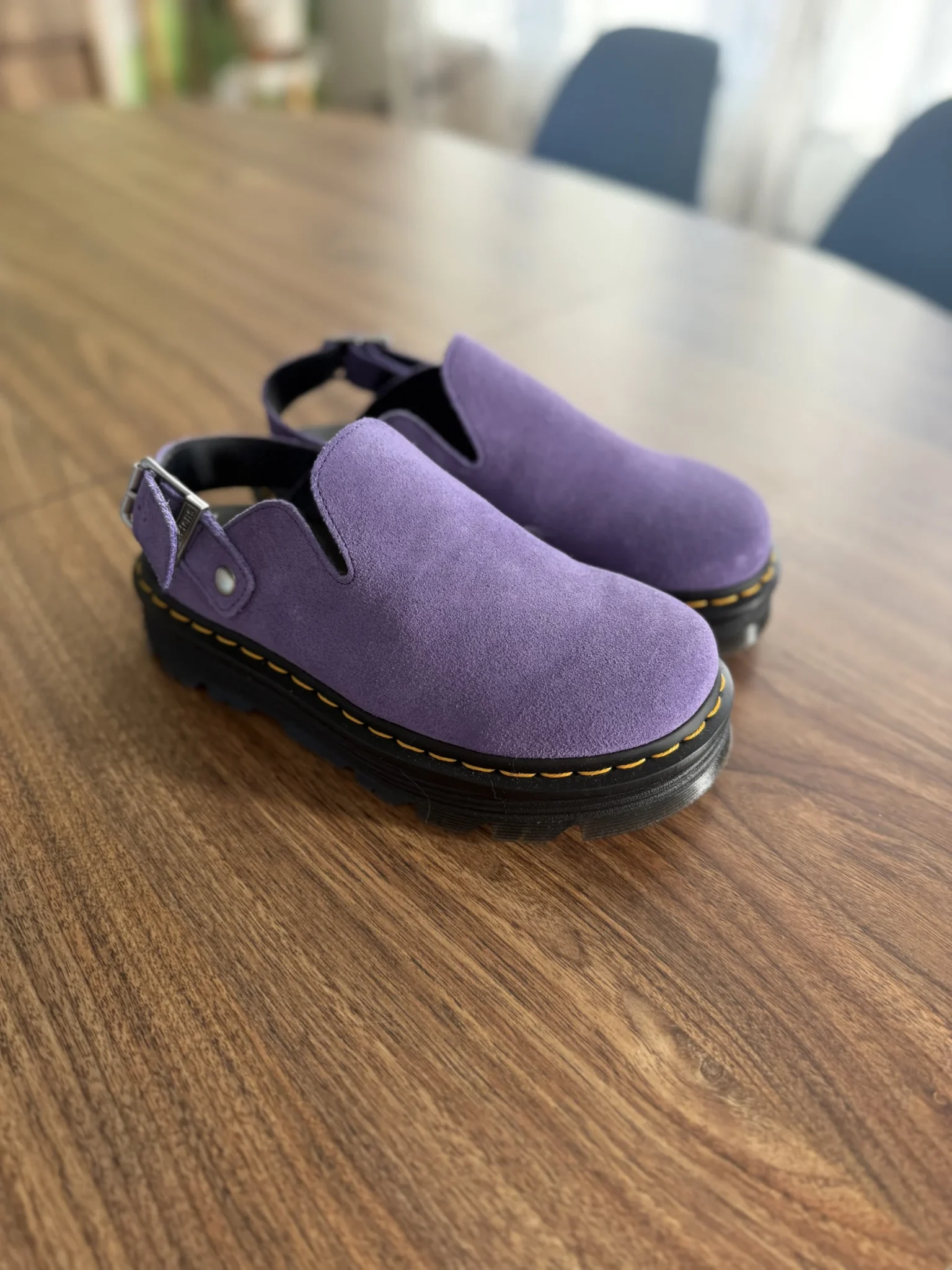 Featured image for Purple suede Dr Martens Zebzag mules with an adjustable strap