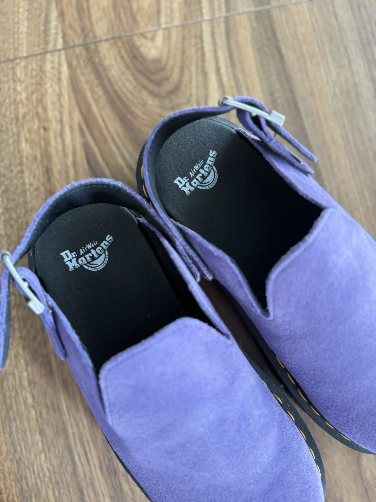 Image for Purple suede Dr Martens Zebzag mules with an adjustable strap
