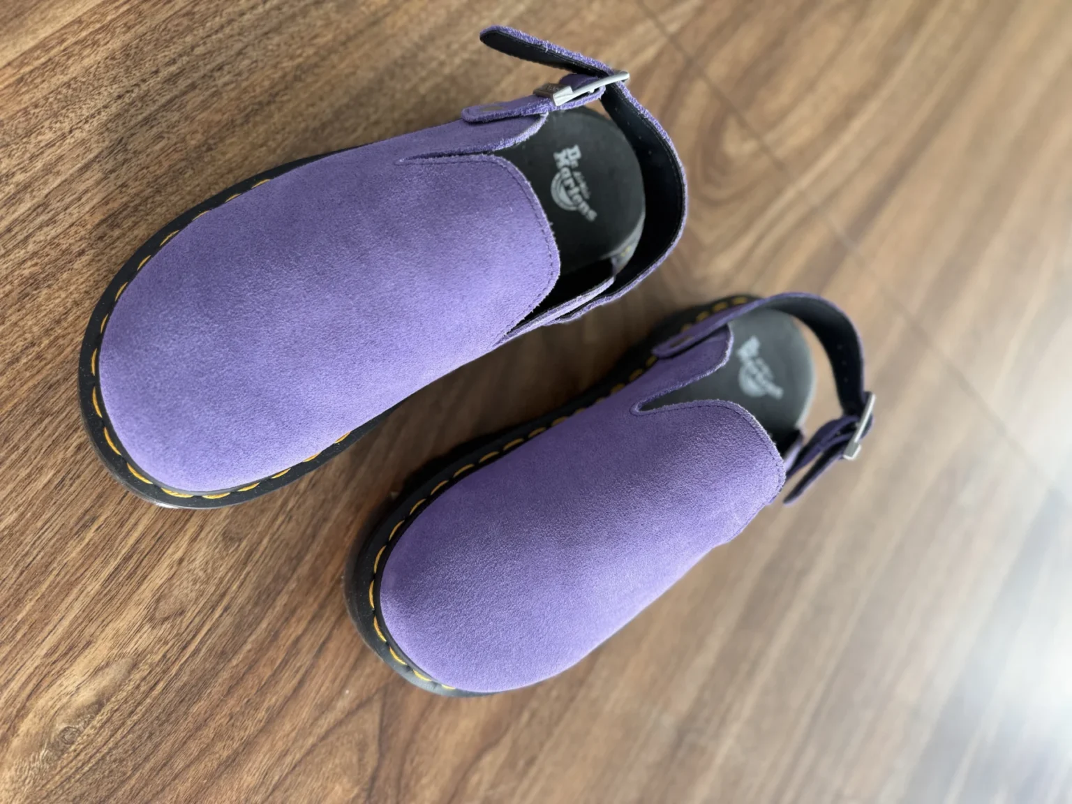 Image for Purple suede Dr Martens Zebzag mules with an adjustable strap
