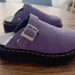 Thumbnail for Purple suede Dr Martens Zebzag mules with an adjustable strap