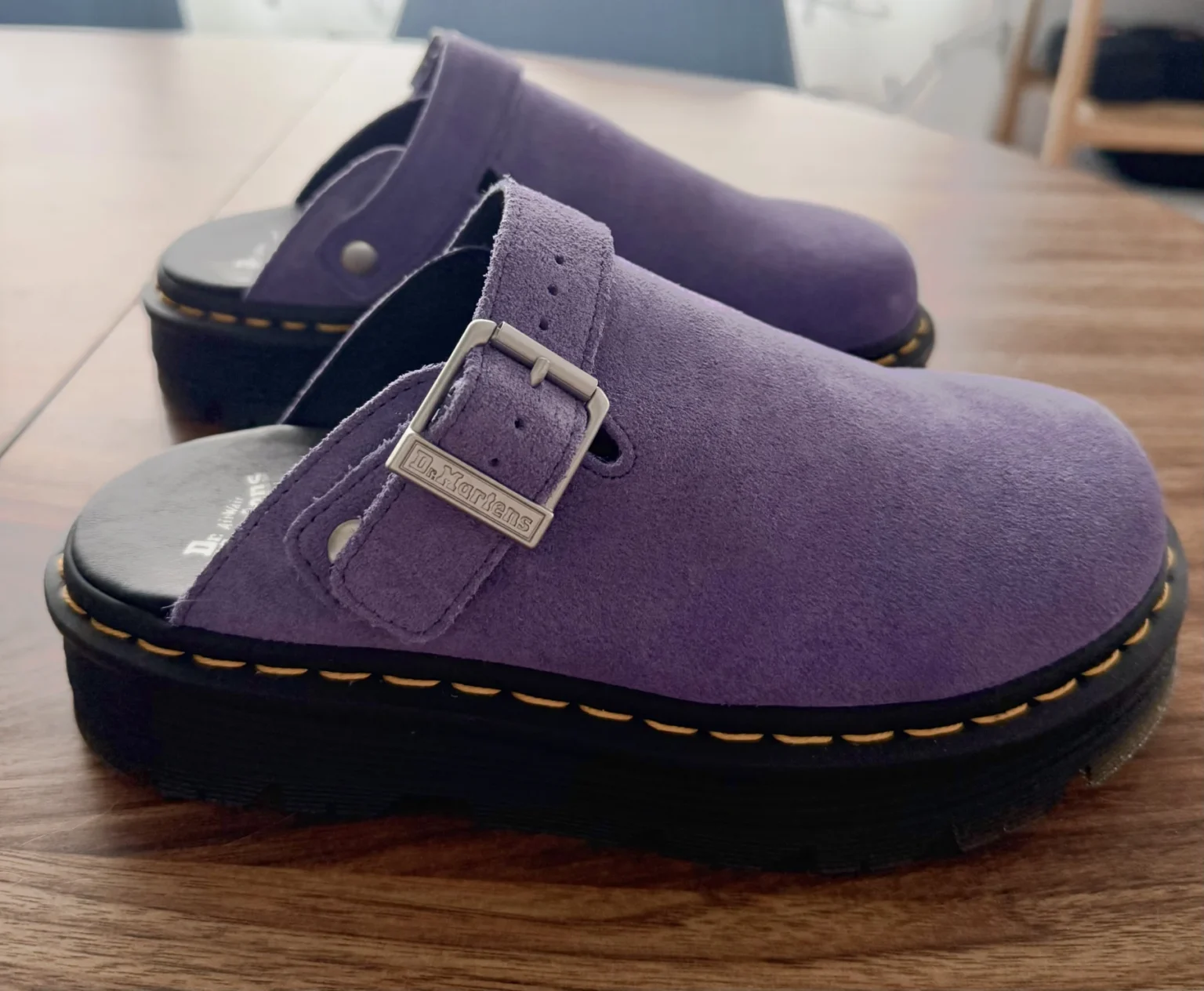 Image for Purple suede Dr Martens Zebzag mules with an adjustable strap