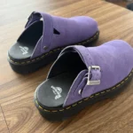 Thumbnail for Purple suede Dr Martens Zebzag mules with an adjustable strap
