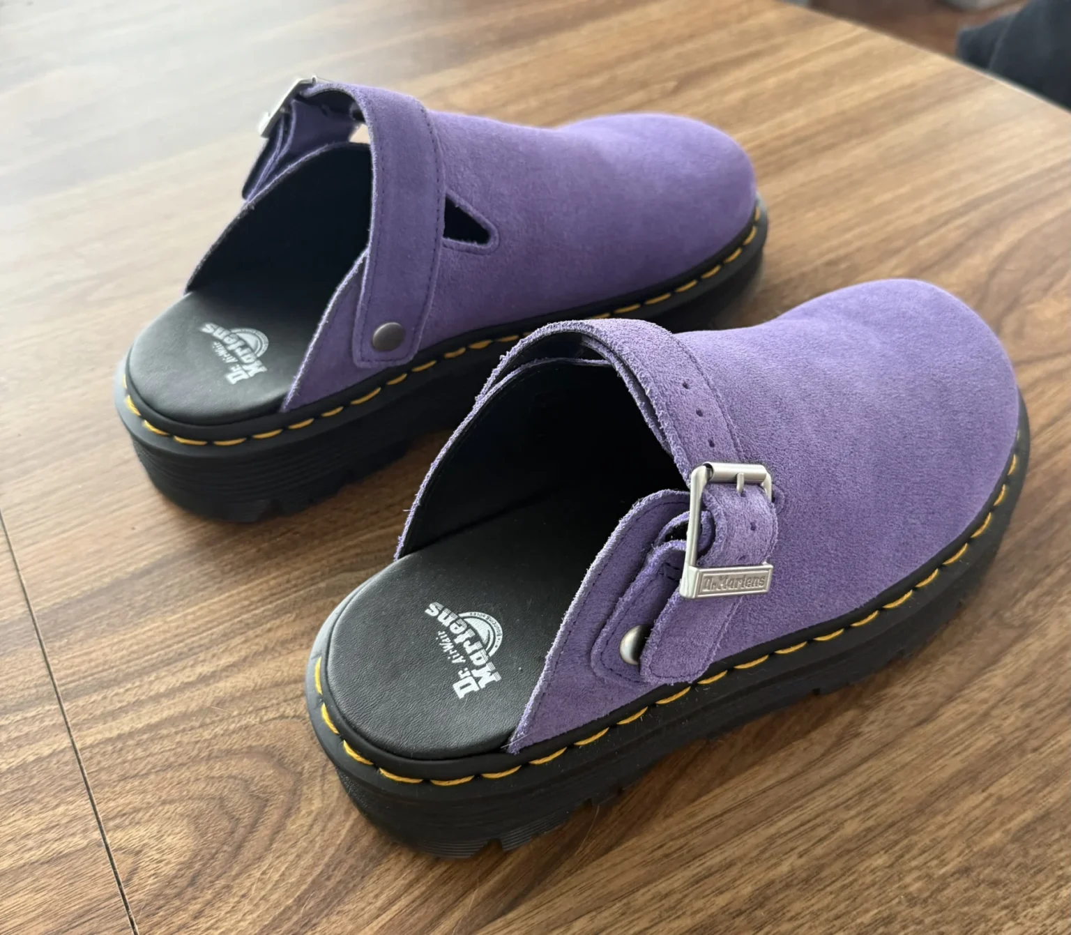 Image for Purple suede Dr Martens Zebzag mules with an adjustable strap