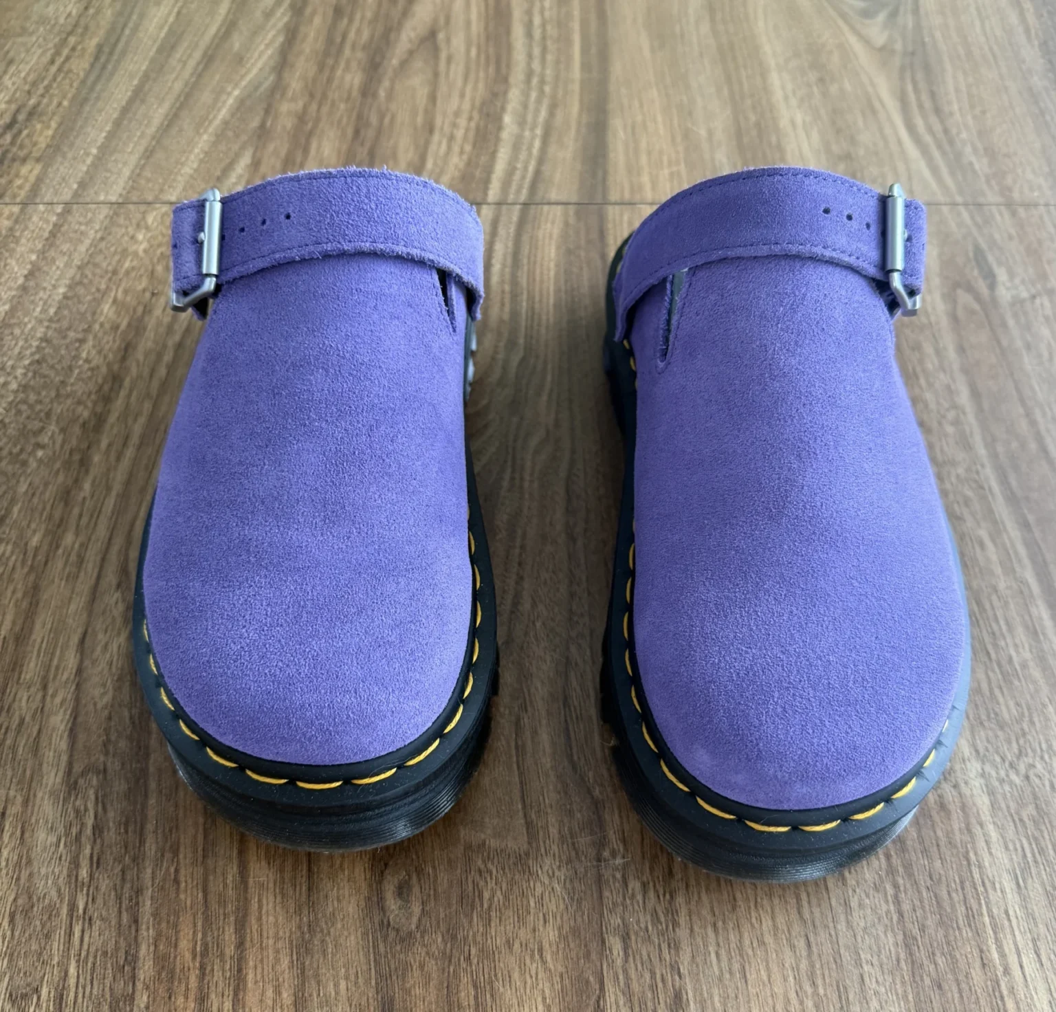 Image for Purple suede Dr Martens Zebzag mules with an adjustable strap