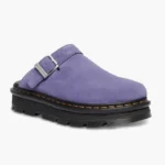 Thumbnail for Purple suede Dr Martens Zebzag mules with an adjustable strap