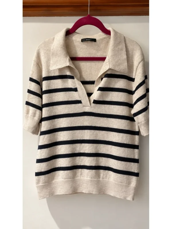 Featured image for OUI – Chandail polo à rayures | Beige et noir | Taille 10 US / 42 FR