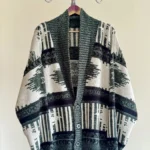 Featured thumbnail for Cardigan en tricot vert forêt rétro surdimensionné à motif géométrique et col châle Taille L/XL