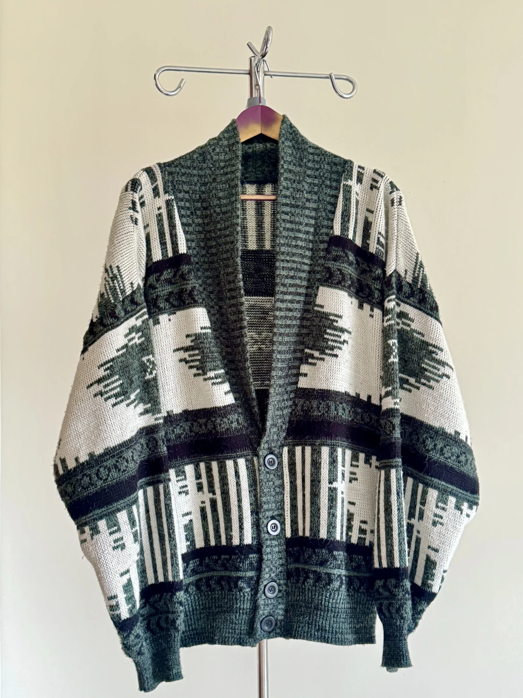 Cardigan en tricot vert forêt rétro surdimensionné à motif géométrique et col châle Taille L/XL *Autre seconde main