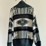 Thumbnail for Cardigan en tricot vert forêt rétro surdimensionné à motif géométrique et col châle Taille L/XL