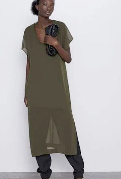 Robe tunique Zara vert olive, semi transparente col en V, longueur midi Zara seconde main