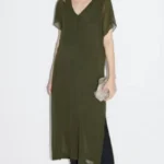 Thumbnail for Robe tunique Zara vert olive, semi transparente col en V, longueur midi