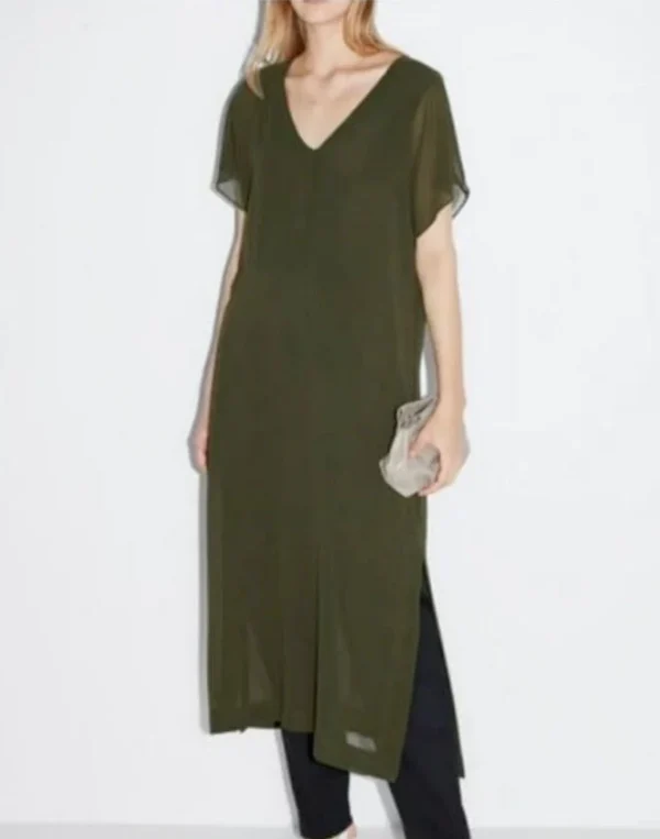Image for Robe tunique Zara vert olive, semi transparente col en V, longueur midi