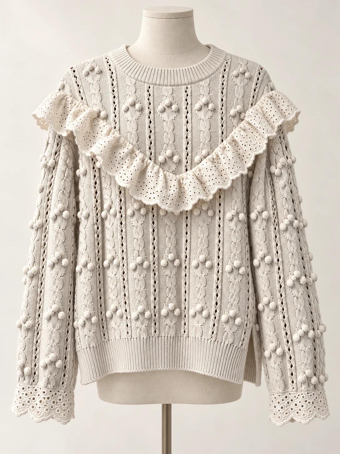 Divided HM – Chandail en tricot à pompons et broderie anglaise – M *Autre seconde main