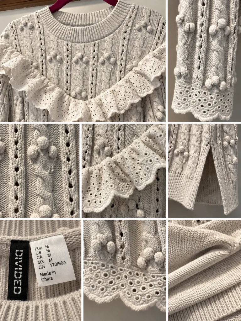 Image for Divided HM – Knitted jumper with pom-poms and broderie anglaise – M