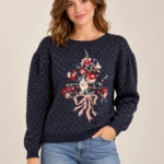 Featured thumbnail for Lady Outlook – Navy blue jumper with floral embroidery – 100% cotton